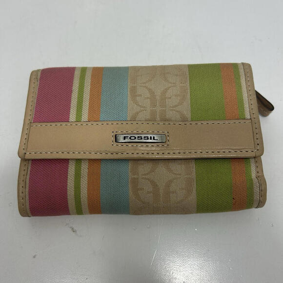 Fossil Bifold Wallet Leather Multicolor Zipper - Picture 1 of 9